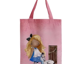 Alice in Wonderland watercolor illustration tote bag pink with eat me, drink me, door