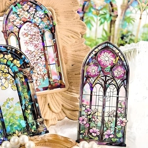 10 facetten, glas-in-lood, raamstickers. Gotisch. Kathedraal. Tulpen. Sakura. Zonnebloemen