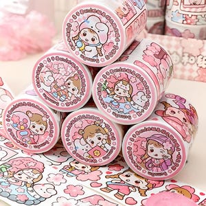 Kawaii, kreskówka, dziewczyna sakura i biały królik. Kwiat wiśni. Onsen. Taśma washi