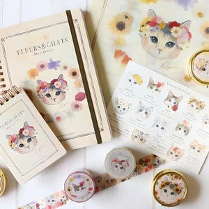 Gatos e flores. Fita Washi. Washi japonês. Meses. Calendário. Papelaria. Flores e bate-papos