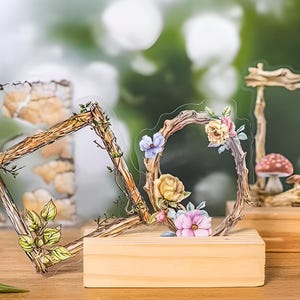 10 Holzstäbe, Rahmen, PET-Sticker. Schreibwaren. Herbst. Natur. Botanisch. Laub. Pilze. Vögel