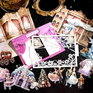 Espetáculo de teatro, palco. Lago dos cisnes. Fantasma da ópera. O quebra-nozes. Mágico de Oz. E o vento levou. Adesivos. Colagem. Scrapbooking.