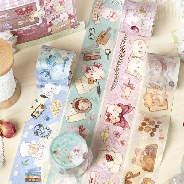 1pcs Kawaii, Cartoon, Retro Washi Tape, Masking Tape. Lovely Antique Shop. Kitten, Bear, Bunny