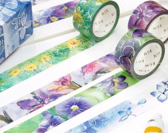 1 Rolle, Folie, Marke BGM, japanisches Washi Tape. Aquarell Blumen Serie. Blende. Hortensie. Lilie. Stiefmütterchen