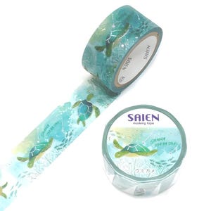 6 ontwerpen. SAIEN. Zeeleven. Zilverfolie. Japanse washitape. Zeeschildpad. Kwallen. Pinguïn