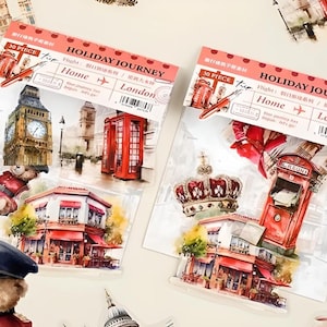 30 PET-stickers. Mat. Illustratie. Reizen. Europa. Parijs. Frankrijk. Londen. Bergen. Feestdagen. Vakantie