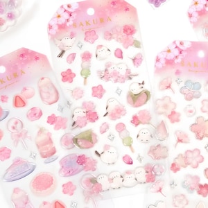 Conjunto de 4 peças, adesivos rígidos, 3D, PVC. Kawaii. Flores de cerejeira. Sakura. Pássaro da neve. Dango. Mochi. Japão