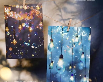 5 glossy, sparkly, washi paper stickers. Backgrounds. Light bulbs. Winter wonderland. Snowflakes. Fairy lights.