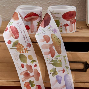 Cinta washi de champiñones. De color. Ilustración. Bosque de hongos. Etiquetas.