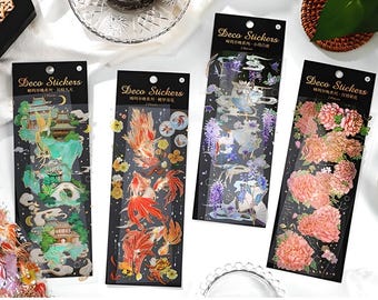 2 sheets, precut, gold foil, PET stickers. Asian, Chinese, Japanese theme. Goldfish. Wisteria. Pavilion