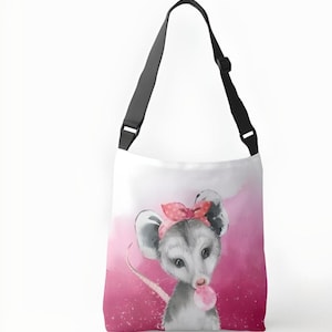 Crossbody bag, watercolor background, baby possum, bubblegum and bandana
