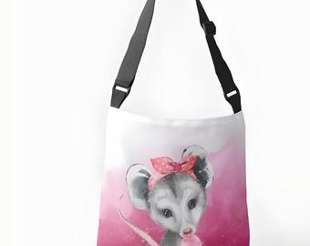 Crossbody bag, watercolor background, baby possum, bubblegum and bandana