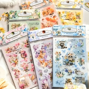 2 feuilles d'autocollants PET prédécoupés. Raton laveur, chat, lapin, chien corgi, hérisson. Fleurs.