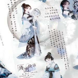 Voorgesneden, oude Chinese, Aziatische meisjesstickers. Traditionele outfits. Kalligrafie.