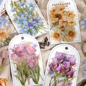 10 adesivos PET. Fosco. Aquarela. Girassóis. Tulipas. Rosas. Lírios.
