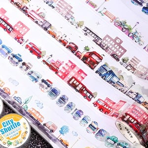 Transportation. Cars. Motorcycles. Bus. City streets. PET tape. Stickers