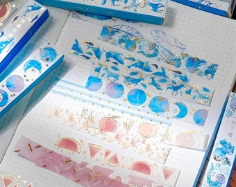 Rectangular, Foil, Washi Paper Stickers. Stag, Deer, Watermelon, Feathers, Planets, Cherry Blossom, field Flowers, Peach
