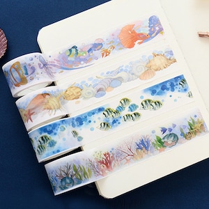 1pcs, watercolor, summer, bottom of the ocean, fish, water, sea life, washi tape. Stationery