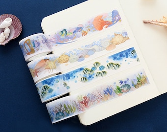 1pcs, watercolor, summer, bottom of the ocean, fish, water, sea life, washi tape. Stationery