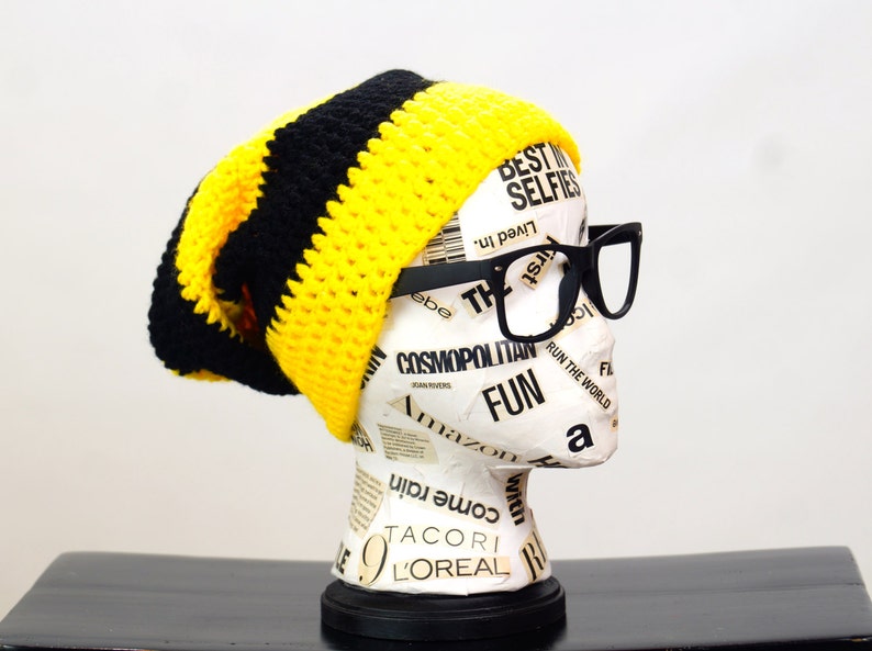 Black and Yellow Hand Crochet SlouchyBeanie Hat Unisex