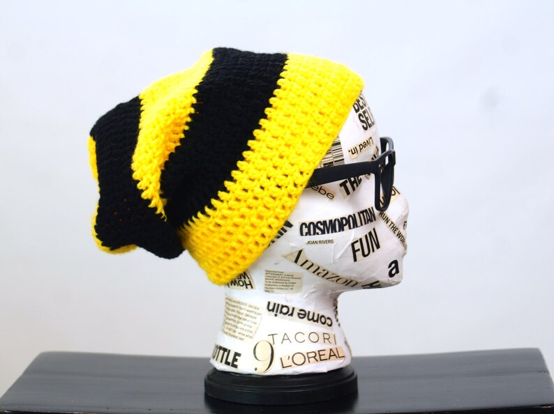 Black and Yellow Hand Crochet SlouchyBeanie Hat Unisex