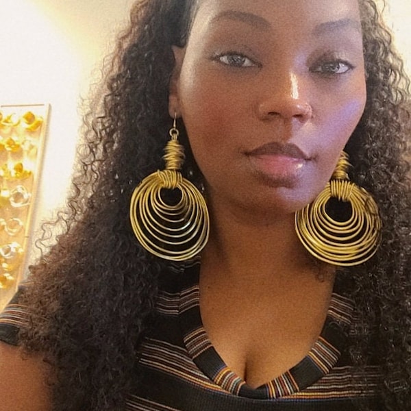 Gold Drop Hoop Earrings: Handmade Afrocentric Statement Jewelry