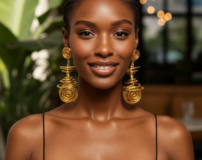 Gold Bold Spiral Statement Earrings: Afrocentric Boho Aluminum Jewelry