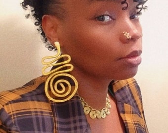 Large Swirl Statement Earrings: Deep Yellow Gold Aluminum, Afrocentric Boho Style