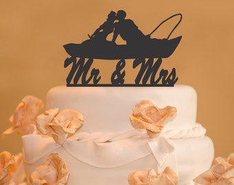 Fishing Couple in Boat Kissing -  Mr. and Mrs. Fishing Wedding Cake Topper - canoeing cake topper - Silhouette topper- fishing cake topper