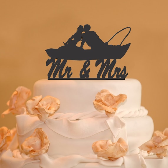 Fishing Couple in Boat Kissing - Mr. and Mrs. Fishing Wedding Cake Topper -  canoeing cake topper - Silhouette topper- fishing cake topper