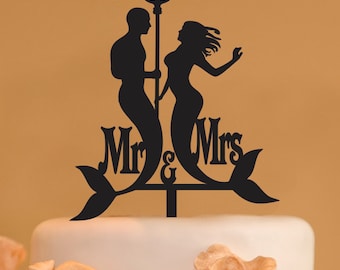 Mermaid and Merman with trident wedding cake topper - Mr. and Mrs. Wedding Cake Topper - Mermaid cake topper - Merman topper - trident