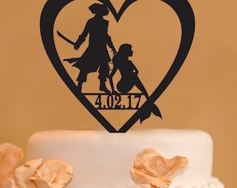 Topper de gâteau de mariage en bois personnalisé avec pirate et sirène - Topper de gâteau de mariage personnalisé de date - topper de gâteau de pirate et de sirène