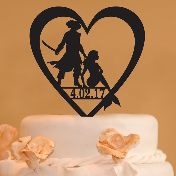 Pirate and mermaid wedding cake topper - Personalized Date Wedding Cake Topper - Pirate & Mermaid cake topper - heart cake topper