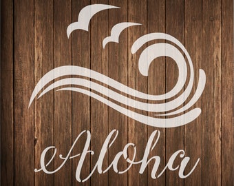 Aloha with Waves and seagulls stencil for wood signs, waves and sea birds stencil, Aloha Hawaii sign stencil
