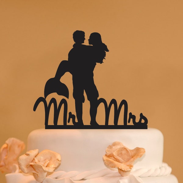 Man holding Mermaid Mr. and Mrs. wood wedding cake topper - mermaid cake topper - man and mermaid wedding cake topper - Mr. and Mrs.