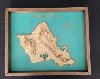 Laser Engraved 3D wood map of the island of Oahu - Framed Oahu Hawaii laser engraved wood map - 3D Oahu map