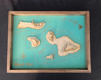 Laser Engraved 3D wood Maui Nui map - Framed Maui Nui Hawaii engraved wood map - 3D Maui county map
