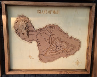 Engraved 3D wood map of the island of Maui  - Maui Hawaii engraved wood map - framed wood Maui Hawaii map - 3D maui map
