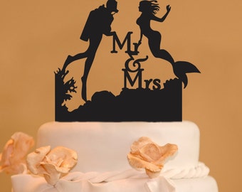 Mermaid and scuba diver Mr. and Mrs. wood wedding cake topper - Mr. & Mrs. Mermaid diver  Wedding Cake Topper - Made in the USA