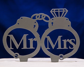 Mr. and Mrs. Handcuffs wedding cake topper -  Mr and Mrs inside handcuffs with diamond wedding cake topper - police cake topper