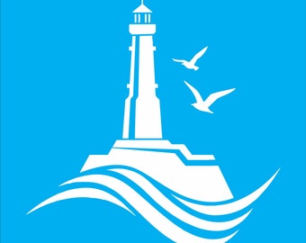 May include: A white silhouette of a lighthouse on a rocky island with waves crashing against it. Two white seagulls fly overhead against a bright blue background.