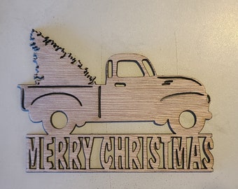 Wood Merry Christmas sign with old truck and Christmas tree in the back, wood cutout of lod truck and pine tree, Merry Christmas sign