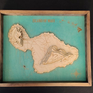 Handcrafted Wooden Maui Island Map, 3D Laser Cut Hawaiian Art, Framed Coastal Wall Decor, Unique Hawaii Souvenir,   Custom Topographic Map