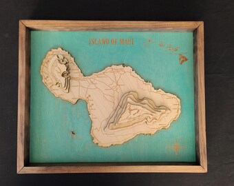 Handcrafted Wooden Maui Island Map, 3D Laser Cut Hawaiian Art, Framed Coastal Wall Decor, Unique Hawaii Souvenir,   Custom Topographic Map