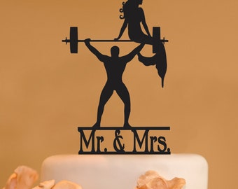 M. et Mme Body Builder Weight Lifter avec sirène Wedding Cake Topper - haltérophile et sirène Wedding Cake Topper