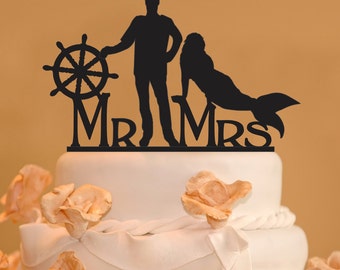 Ship Captain and  Mermaid custom wedding cake topper - Custom Mr. and Mrs. Wedding Cake Topper - Mermaid cake topper - Mermaid topper