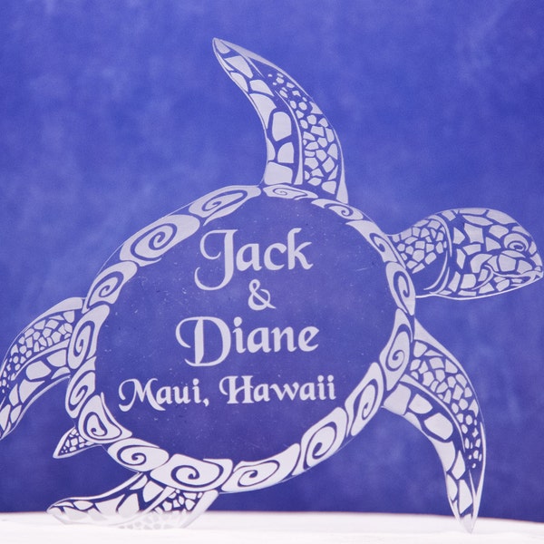 Custom Engraved Sea Turtle Weddng Cake Topper with your names and location or date - turtle wedding cake topper - beach wedding cake topper