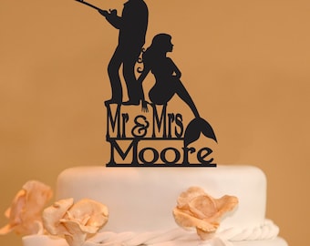 Personalized Fisherman and mermaid wedding cake topper - Mermaid and fisherman with  your last name - Mermaid and fisherman topper