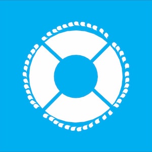 May include: White life preserver with a rope border on a blue background.