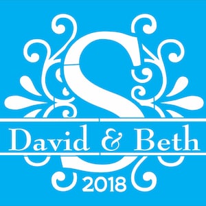 May include: White silhouette of the letter S with decorative flourishes on either side. The text "David & Beth" is centered below the letter and the year "2018" is centered below the text. The background is a solid blue.